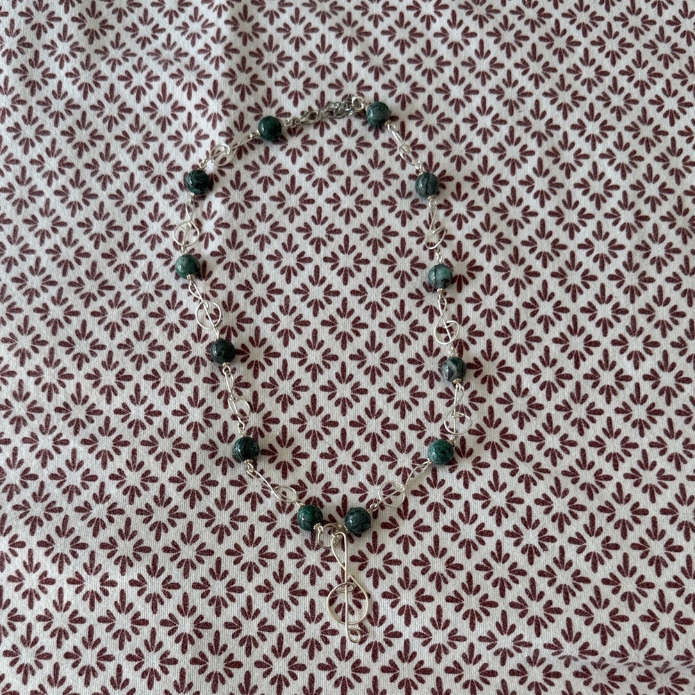 Green Beaded Necklace with Silver Accents